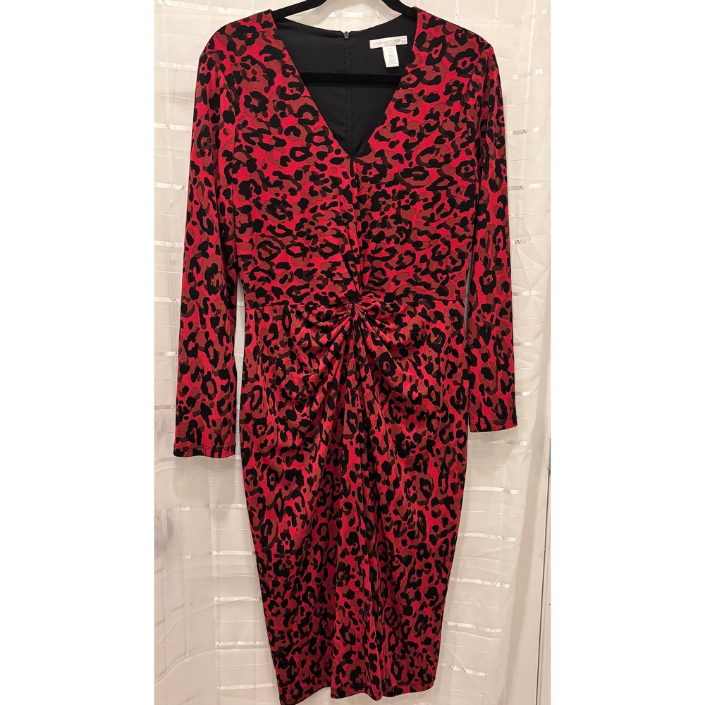 London Times Red Black Leopard Print Twist Front V-Neck‎ Midi Dress Size 10